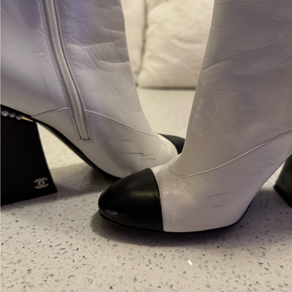White and Black Leather Ankle Boots - Picture 7 of 7